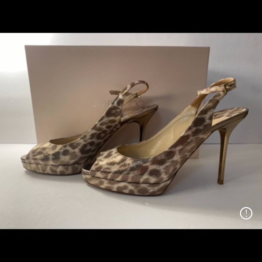 Jimmy Choo open toe pumps Sandals heels leopard shimmer leather 36.5